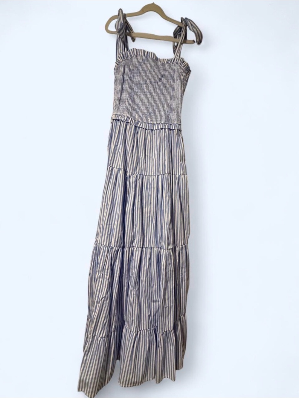Striped Tie-Shoulder Smocked Maxi Dress - Blue & White
